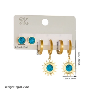 Retro round turquoise pendant stainless steel earrings set with sunburst design details