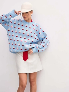 Pull en maille bleu clair pour femme avec motif de voilier rouge et blanc, coupe ample