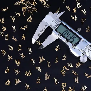 Golden alphabet charms set for hair accessories and DIY jewelry with size measurement