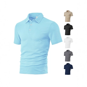 Men Short Sleeve Polo Shirt Waffle Knit Texture Breathable Lightweight Casual Summer Fashion Turn Down Collar Polyester