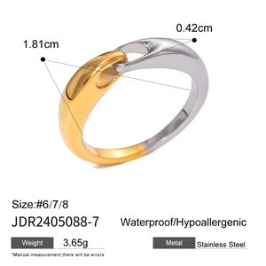 Detail showing two-tone gold and silver stainless steel ring sizes and measurements