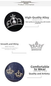 Detailed macro view of silver alloy crown brooch with rhinestones and white pearls