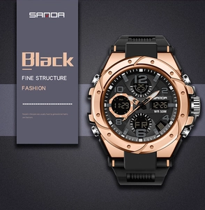 Detail of SANDA men's sport watch showing rose gold case and dual display dial features