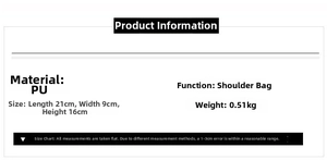Detailed specifications for PU crossbody bag: dimensions 21x9x16cm and 0.51kg weight info