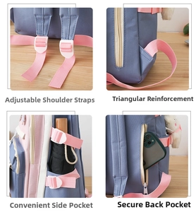 Detail view of pink adjustable strap and reinforced stitching on blue school backpack