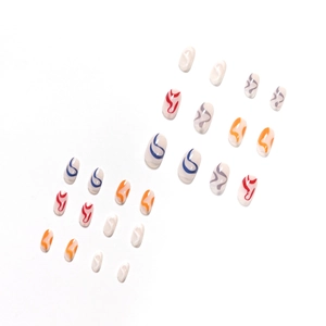 Artistic multi-color wavy lines press-on nails set with 24 oval-shaped faux nail pieces
