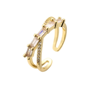 Adjustable gold plated crisscross ring with round and rectangular zircon stones