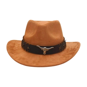 Classic brown suede cowboy hat with vintage silver bull head logo and leather band