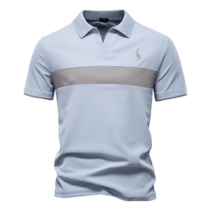 Light blue men's polo shirt with grey stripe and deer embroidery on white background