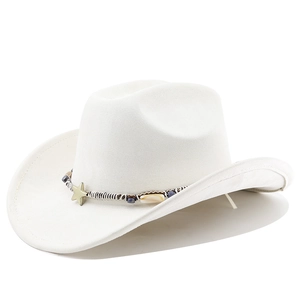 Close-up of white suede cowboy hat featuring star charms and woven ethnic band detail