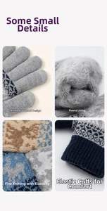 Detail of winter knitted gloves showing snowflake pattern jacquard and thick fleece lining