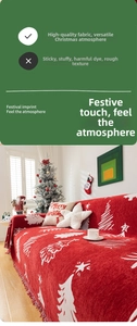 Close-up of red Christmas sofa cover with white snowflake jacquard and fringe edges