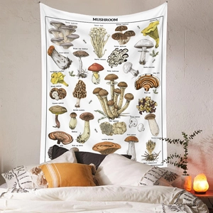 Detailed close-up of mushroom species illustrations on a white fabric wall tapestry