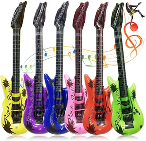 Detailed view of colorful PVC inflatable guitars in six vibrant colors for party props