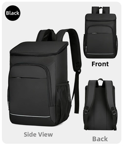 Three-way view showing front and back of a black insulated backpack with reflective strip