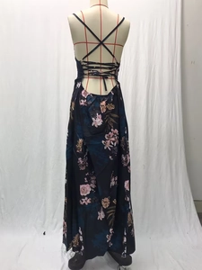 Detail view of the criss-cross back straps on a floral print long dress in navy blue