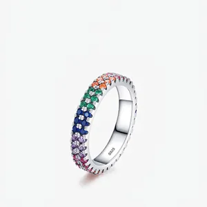 925 Sterling Silver Ring Rainbow Cubic Zirconia Colorful Eternity Band Stackable Jewelry For Women Fashion Ins Style