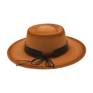 Detail view of brown felt boater hat with a wide black decorative ribbon and knot detail