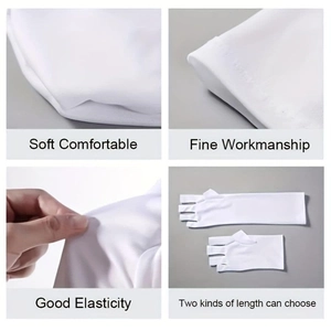 Detailed views of white UV nail gloves showing soft fabric, fine stitching and high elasticity