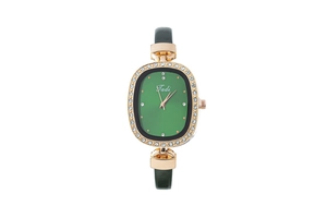 Detail of oval green dial watch with crystal-encrusted gold case and green leather strap