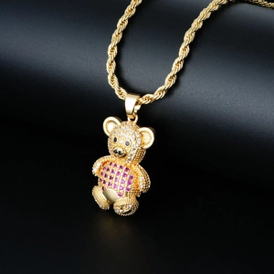 Exquisite vergoldete Teddybär-Halskette mit Zirkonia-Steinen und eleganter Kordelkette