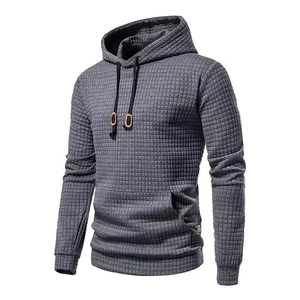 Men's dark grey hooded sweatshirt with waffle knit texture and kangaroo pocket