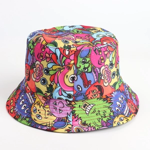 Detail of colorful graffiti tiger print bucket hat featuring red reinforced stitching