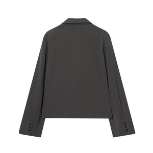 Vue arrière d'un blazer court gris anthracite avec boutons aux poignets sur fond blanc