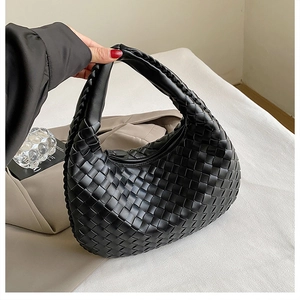 Women Urban Minimalist PU Woven Hobo Handbag Fashion Crescent Shoulder Bag Large Capacity Solid Color Top Handle Bag Handheld Purse