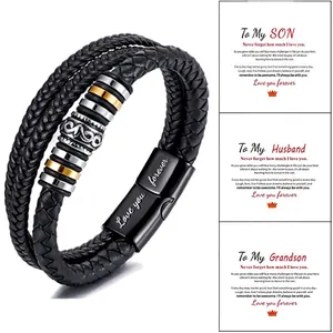 Multi-layer Braided Leather Bracelet With Stainless Steel Magnetic Clasp Engraved Love You Forever Gift For Men