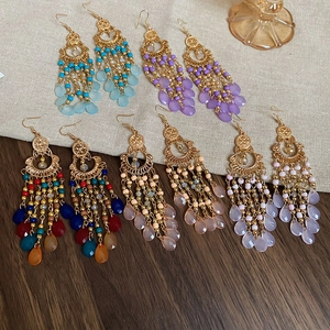 Detailed flat lay of Bohemian teardrop earrings featuring colorful seed beads and tassels