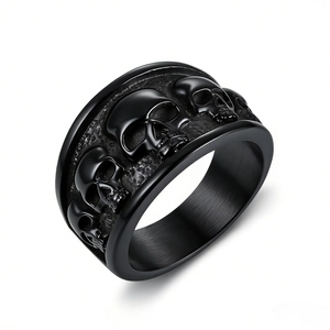 Black stainless steel skull relief ring featuring a punk style 45-degree angled view
