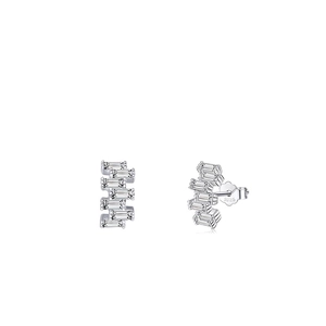 Classic S925 sterling silver stud earrings featuring layered rectangular zircon stones