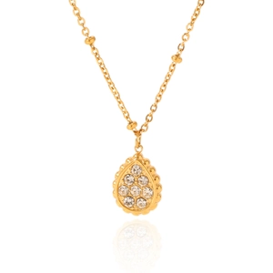 Detailed view of an 18K gold-plated teardrop pendant necklace with sparkling crystal inlay