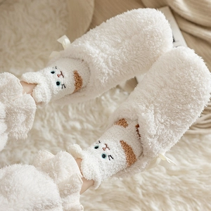 Thick coral fleece socks with cute cat embroidery and bow detail for home warmth