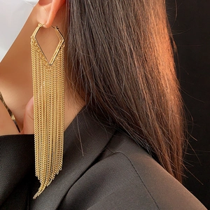 Detail of long gold tassel earrings with a geometric diamond shape on elegant model