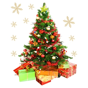 Close-up of green Christmas tree static stickers with golden star and gift boxes for window