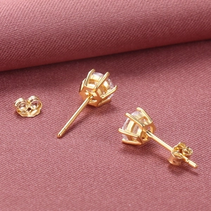 Classic 925 silver six-prong crown stud earrings with round gold-plated zircon stones