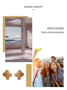 Close-up of trendy mushroom shaped rimless sunglasses with gold metal bridge and brown lenses