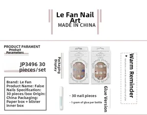 Detail view of pink and purple press-on nails set with 30 pieces and adhesive glue