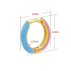 Colorful enamel hoop earrings in pink and blue with 13mm diameter dimensions