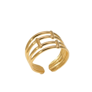 Minimalist gold geometric open ring featuring a unique four-layer parallel hollow design