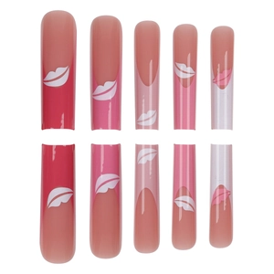Extra long pink gradient press-on nails with white lip pattern French ballet style