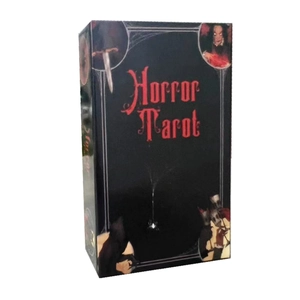 Close-up of Horror Tarot deck box featuring gothic vampire and skull illustrations