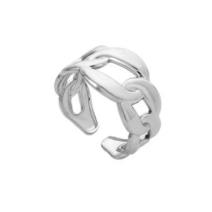 Detail of silver chain weave adjustable open ring in high-quality stainless steel