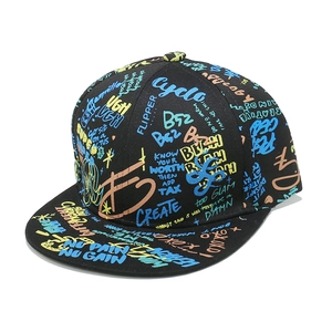 Black hip hop flat brim baseball cap with colorful graffiti print in a 45-degree view
