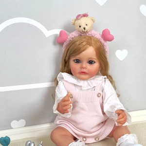 55cm lifelike reborn baby doll in pink knit romper with golden hair and blue eyes