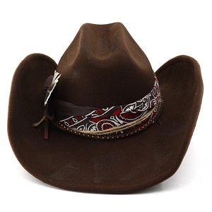 Vintage brown wool cowboy hat with feather detail and paisley band for outdoor style