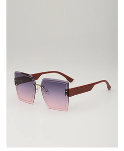 Detail of gradient purple lenses and burgundy temples with gold rivet accents