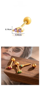 Macro detail of colorful barbell stud earrings with precise dimensions and gold finish